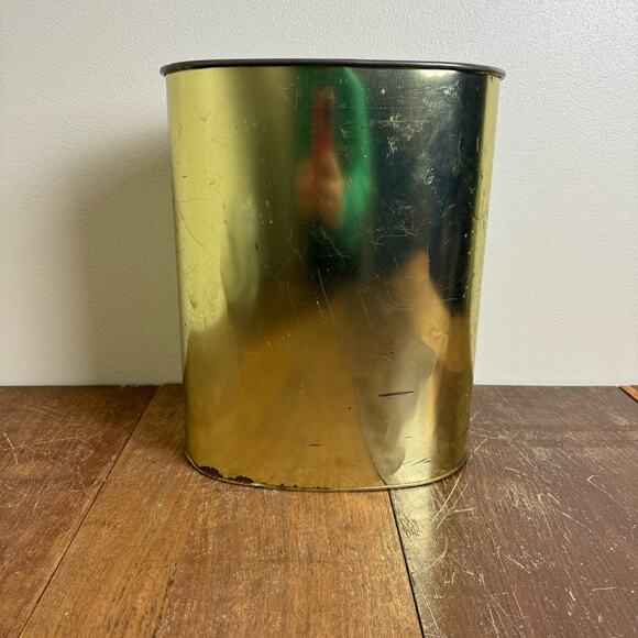 Vintage MCM Harvell Gold Oval Metal Trash Can 13"‎ Embossed Crosses Waste Basket - Picture 3 of 10